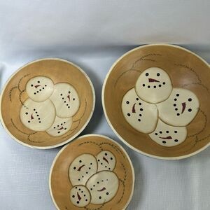 Kindred Spirits Hand Painted Christmas Wood Bowl Set Of 3 With Snowman Pattern